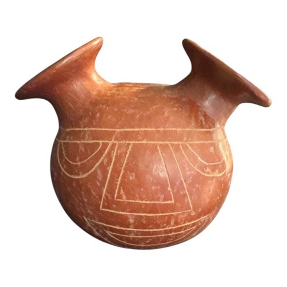 Vintage Hand Made Two Spouted Carved Red Clay Vase Canteen